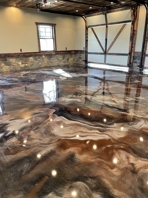 Bronze metallic epoxy floor with barn beams