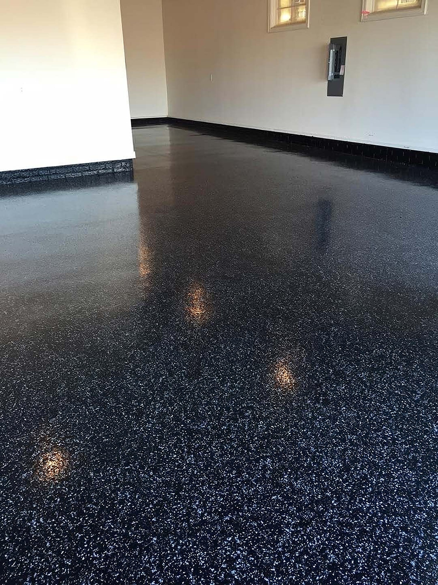 Black and blue flake epoxy garage floor